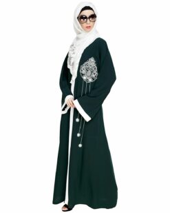 Contrast Embroidered Green Dubai Style Abaya - Image 5