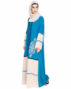 Flamboyant Embroidered Teal Blue Dubai Style Abaya - Image 3