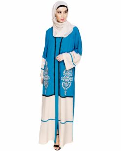 Flamboyant Embroidered Teal Blue Dubai Style Abaya - Image 4