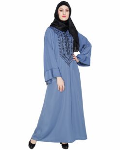 Floral Embellished Steel Blue Dubai Style Abaya - Image 3