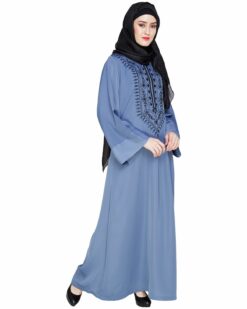 Floral Embellished Steel Blue Dubai Style Abaya - Image 4