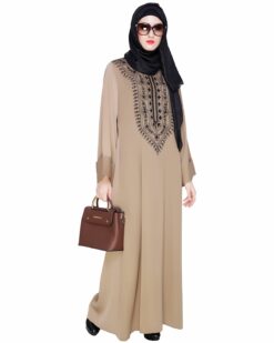 Floral Embellished Beige Dubai Style Abaya - Image 3