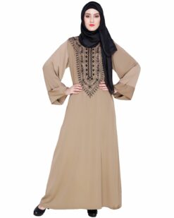 Floral Embellished Beige Dubai Style Abaya - Image 4