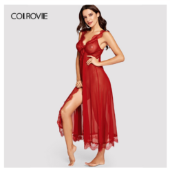COLROVIE Red Lace Mesh Night Dress With Thong - Image 3