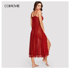 COLROVIE Red Lace Mesh Night Dress With Thong - Image 4