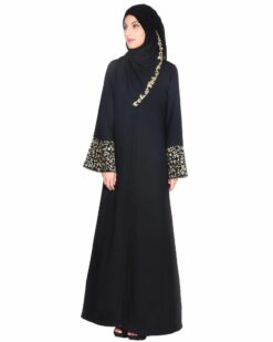 Black Abaya With Gold Zari Embroidered Bell Sleeve - Image 3