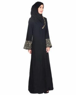Black Abaya With Gold Zari Embroidered Bell Sleeve - Image 4