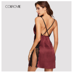COLROVIE Burgundy Lace Nightdress With Thong - Image 3