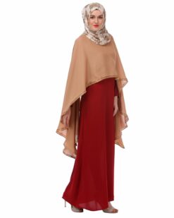 Red and Fawn Dupatta Drape Abaya - Image 4