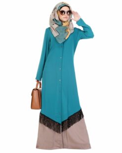 Teal & Beige Fringed Abaya - Image 3