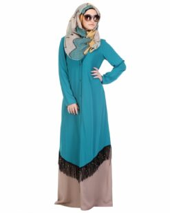 Teal & Beige Fringed Abaya - Image 4