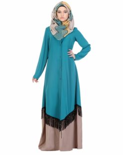 Teal & Beige Fringed Abaya - Image 5