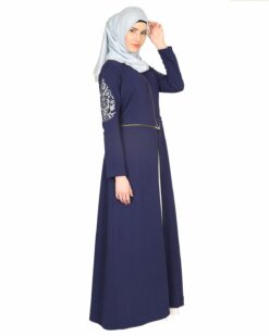 Blue Waffle Lycra Abaya With Embroidered Sleeves. - Image 3