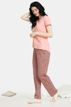 Stripes And Fun Cotton Hi-Low Top N Pyjama Set - Peach - Image 3