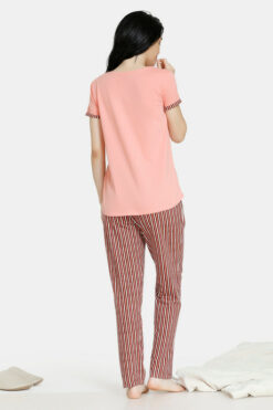 Stripes And Fun Cotton Hi-Low Top N Pyjama Set - Peach - Image 4