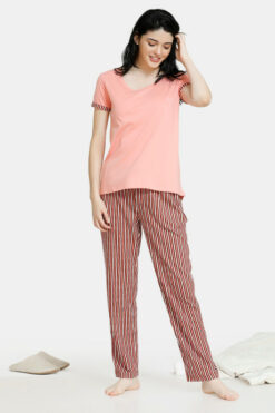 Stripes And Fun Cotton Hi-Low Top N Pyjama Set - Peach - Image 5