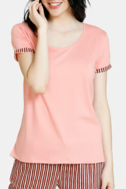 Stripes And Fun Cotton Hi-Low Top N Pyjama Set - Peach - Image 6