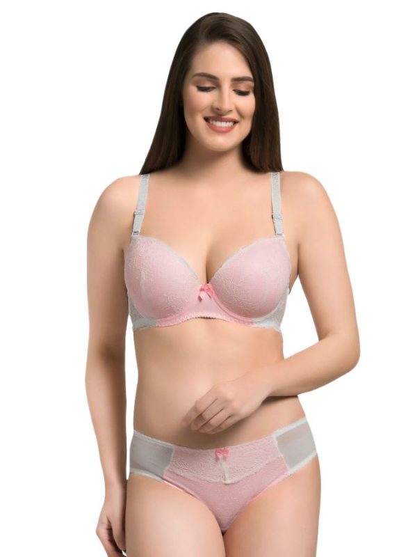 pink and gray Bra And Panty Set | foam bra | bra with foam