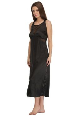 Satin Nightie with Mesh Neckline In Black - Image 4