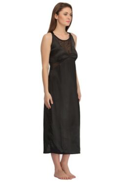 Satin Nightie with Mesh Neckline In Black - Image 3