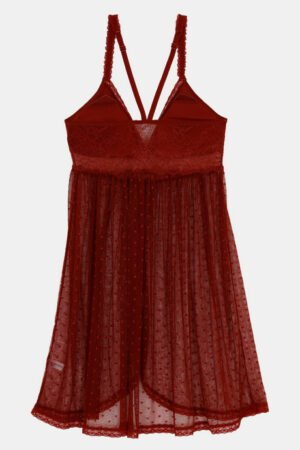 Lace N Mesh Baby Doll With In-Built Cups And Thongs