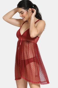 Lace N Mesh Baby Doll With In-Built Cups And Thongs