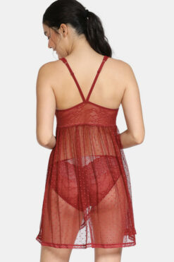 Lace N Mesh Baby Doll With In-Built Cups And Thongs