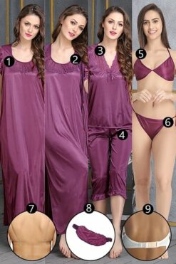 9 Pcs Bridal Nightwear Set in Purple | Sexy Nightdress. Plus Size Bridal Nightwear Honeymoon, Luxury Bridal Nightwear, Bridal Satin Nightwear