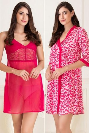 Short Night Dress & Printed Robe Set in Dark Pink