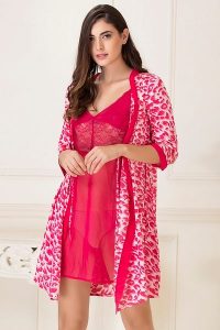 Short Night Dress & Printed Robe Set in Dark Pink | Bridal Nighty Styles, Bridal Nighty Set, Nighty Dress in Pakistan, Bridal Nighty in Karachi, Bridal Nightwear, 9 Piece Nighty, Stylish Bra for Honeymoon