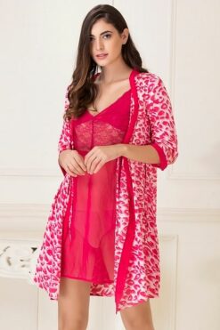 Short Night Dress & Printed Robe Set in Dark Pink