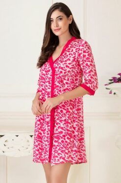 Short Night Dress & Printed Robe Set in Dark Pink