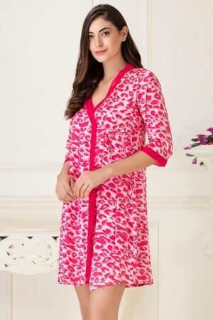 Short Night Dress & Printed Robe Set in Dark Pink