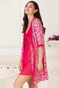Short Night Dress & Printed Robe Set in Dark Pink