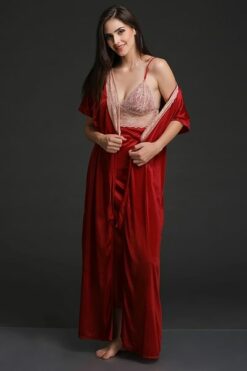 Long Night Dress & Robe Set in Maroon