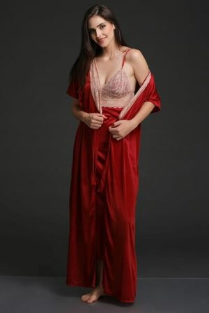 Long Night Dress & Robe Set in Maroon
