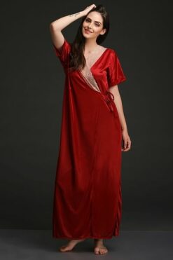 Long Night Dress & Robe Set in Maroon