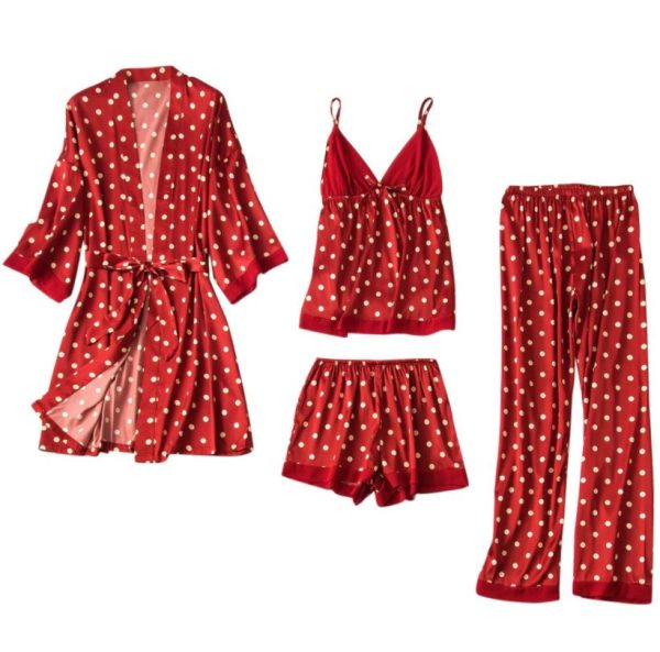 Women 4 Pieces Dot Print Sleepwear Night Gown Pajamas
