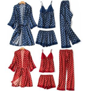 Women 4 Pieces Dot Print Sleepwear Night Gown Pajamas | romantic night dress for couple | 4 piece night dress | sleepwear gown