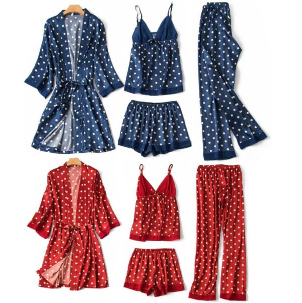 Women 4 Pieces Dot Print Sleepwear Night Gown Pajamas
