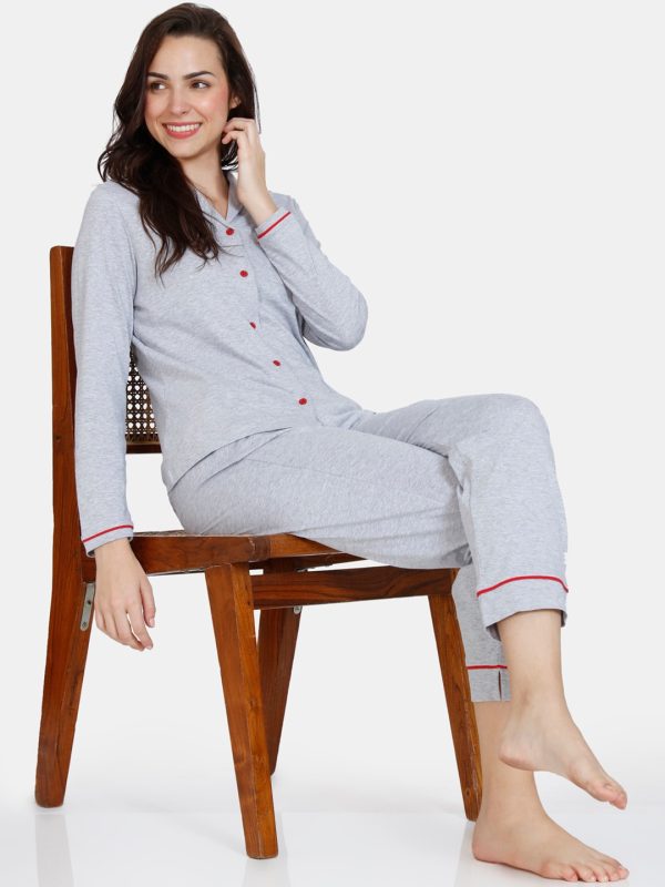 Grey Solid Pure Cotton Women Night Suit