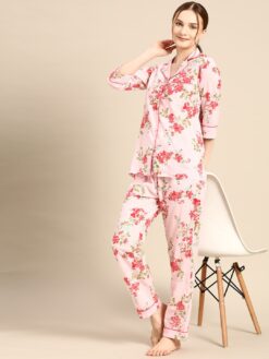 Mabish Pink & Red Printed Women Night Suit