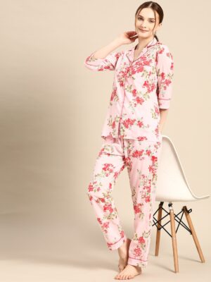 Mabish Pink & Red Printed Women Night Suit