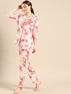 Mabish Pink & Red Printed Women Night Suit
