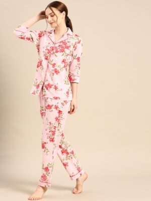 Mabish Pink & Red Printed Women Night Suit