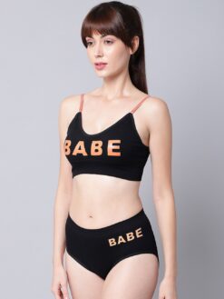 Black Printed Sports Women Bra Underwear Set