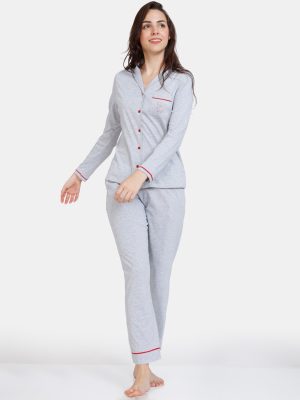 Grey Solid Pure Cotton Women Night Suit
