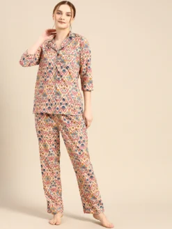 Beige & Navy Blue Printed Women Night suit