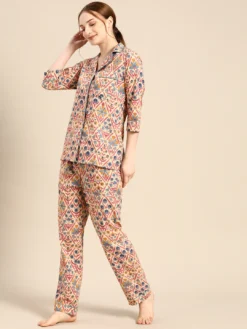 Beige & Navy Blue Printed Women Night suit
