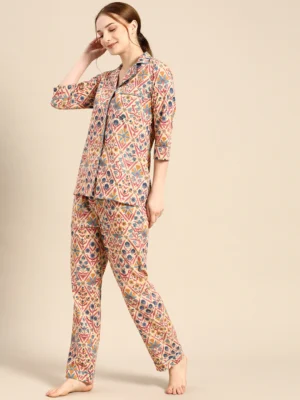 Beige & Navy Blue Printed Women Night suit